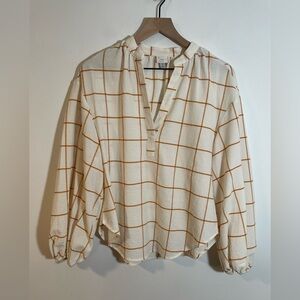 A New Day Womens Blouse Size Small Orange White Grid Top Puff Sleeve Peasant